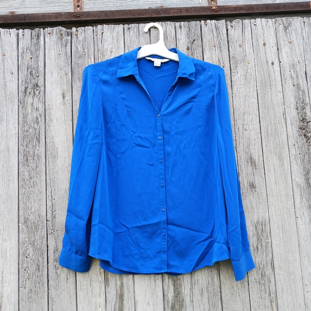 Diane Von Furstenberg Women Blue Silk Blend Long Sleeve‎ Shirt Sz 6 V-neckline